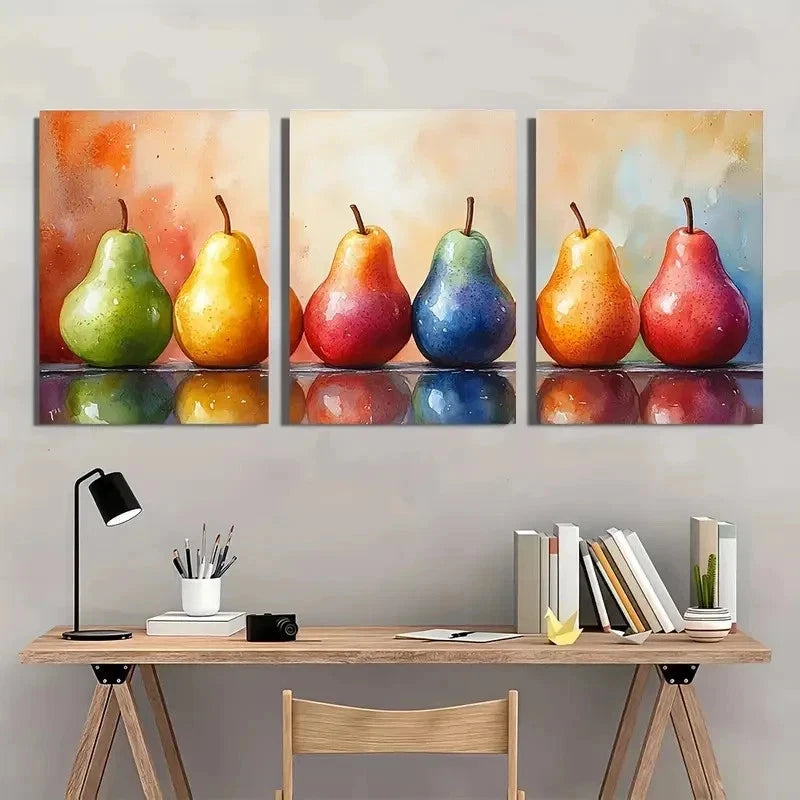 3pcs Pear Fruits Watercolor Still Life Perfect Wall Art Set Canvas Framed 40x60cm - High Quality Print 100% Australian Made Wall Canvas Ready to Hang