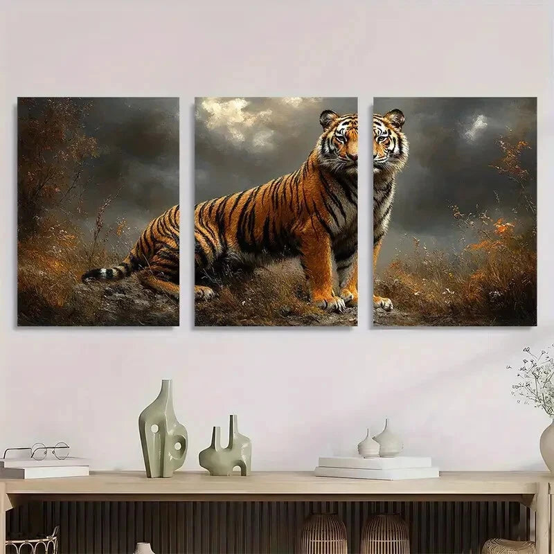3pcs Tiger Dark Jungle Scene Vintage Metal Print Ready to Hang Art