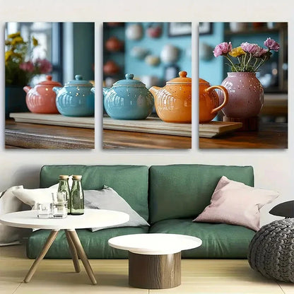 3pcs Kitchen Decor Colorful Teapots Design Metal Print Ready to Hang Art
