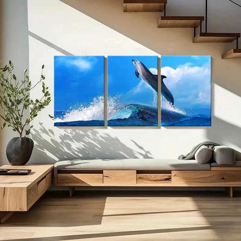 3pcs Dolphins Jumping Out Of The Sea Wall Art Set Canvas Framed 40x60cm - High Quality Print 100% Australian Made Wall Canvas Ready to Hang