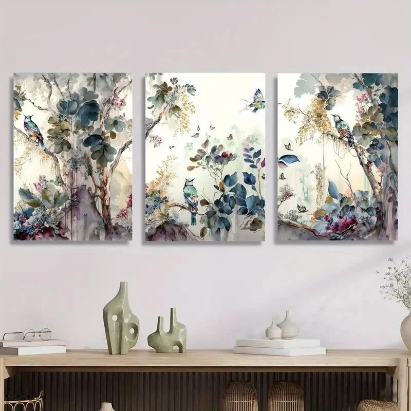 3pcs Modern Landscape with Trees, Flowers Metal Print Ready to Hang Art