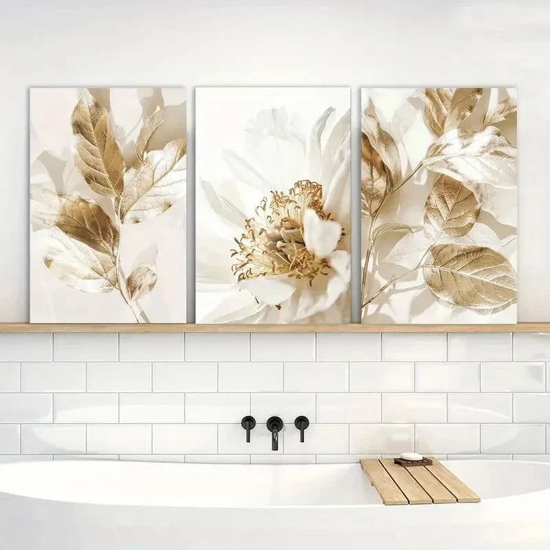 3pcs Modern White Floral & Golden Leaf Paintings Metal Print Ready to Hang Art