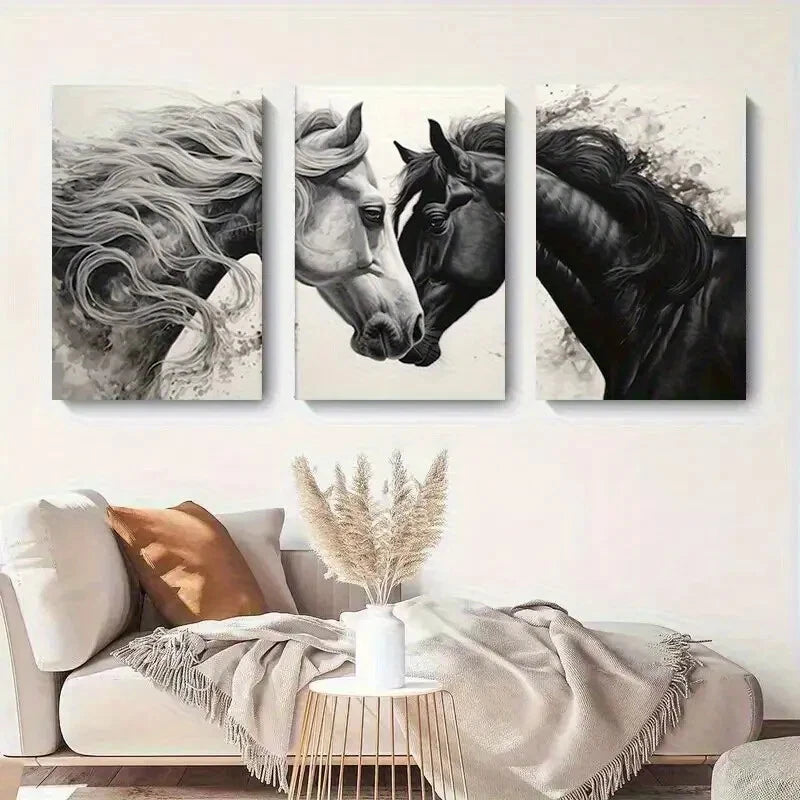 3pcs Black And White Horse Elegant Décor Perfect Wall Art Set Canvas Framed 40x60cm - High Quality Print 100% Australian Made Wall Canvas Ready to Hang