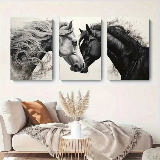 3pcs Black And White Horse Elegant Décor Perfect Wall Art Set Canvas Framed 40x60cm - High Quality Print 100% Australian Made Wall Canvas Ready to Hang