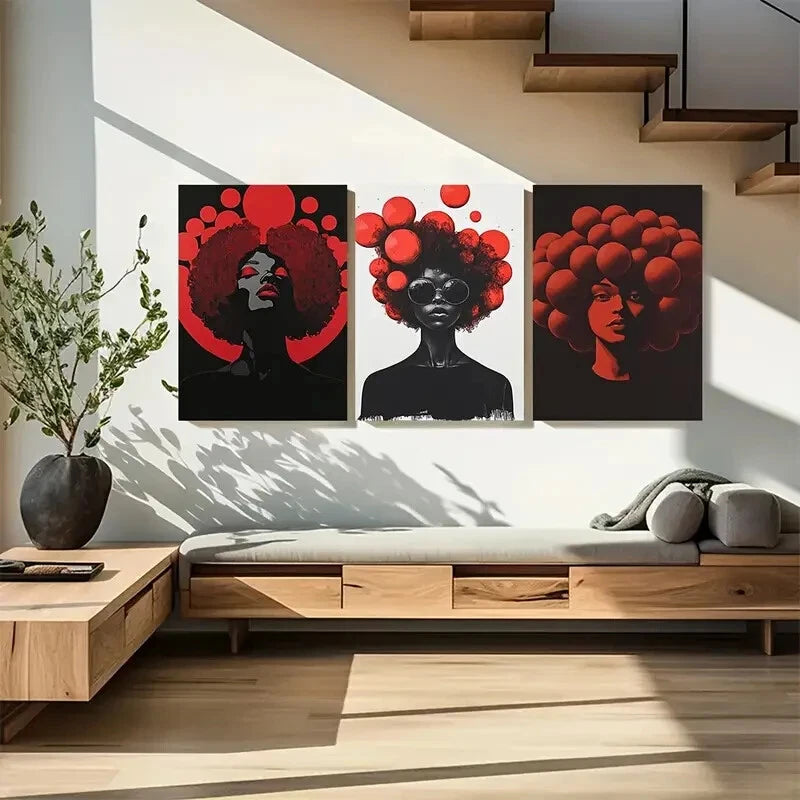 3pcs African Women Red and Black Abstract Metal Print Ready to Hang Art