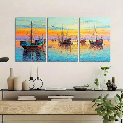 3pcs Fishing Boats in Seaside Scene Painting Metal Print Ready to Hang Art