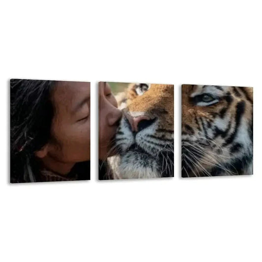 3pcs A Tiger & Girl Pure Connection  Wall Art Set Canvas Framed 60x90cm - High Quality Print 100% Australian Made Wall Canvas Ready to Hang