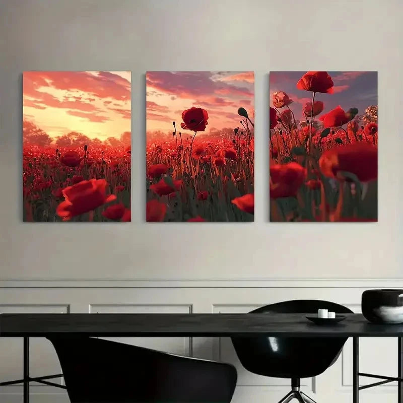 3pcs Art Painting Red Poppy Field at Sunset Metal Print Ready to Hang Art