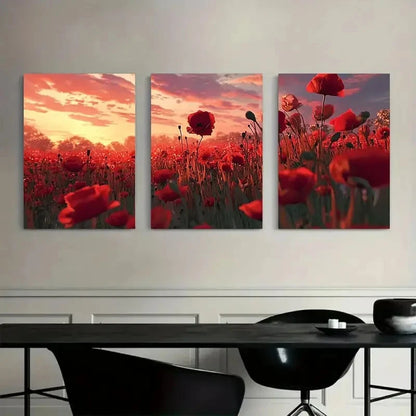 3pcs Art Painting Red Poppy Field at Sunset Metal Print Ready to Hang Art