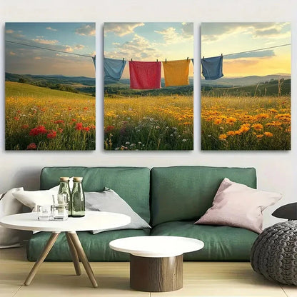 3pcs Vibrant Wildflowers and Pastoral Clothes line Metal Print Ready to Hang Art