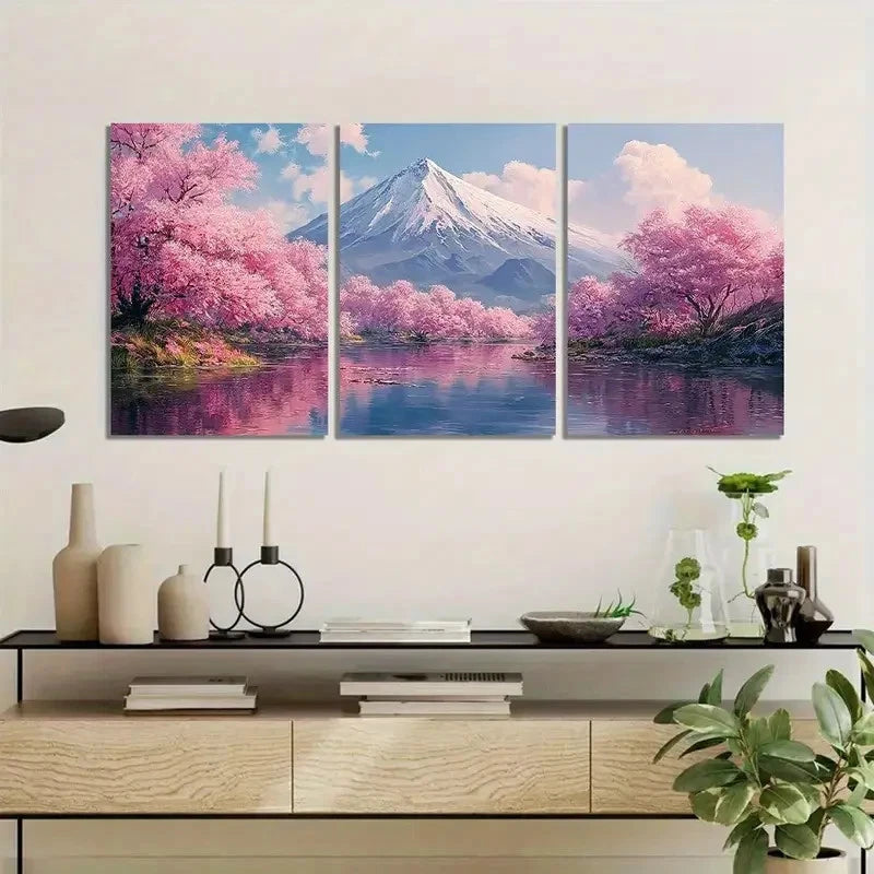 3pcs Japanese Landscape with Cherry Blossoms Metal Print Ready to Hang Art