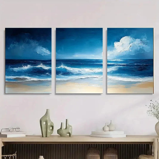 3pcs Rustic Coastal Blue Ocean Waves Sandy Metal Print Ready to Hang Art