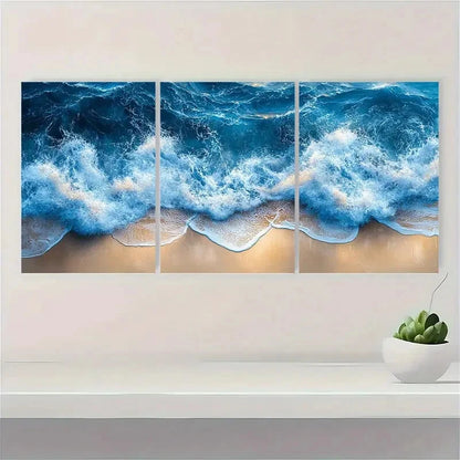 3pcs Soothing Beach Art Triptych Ocean Waves Metal Print Ready to Hang Art