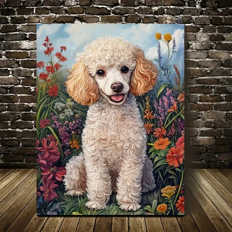 Cute Poodle Dog & Floral Botanical Painting 40x60cm Metal Print Ready to Hang