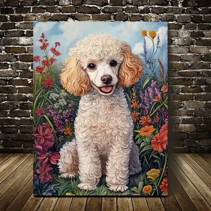 Cute Poodle Dog & Floral Botanical Painting 40x60cm Metal Print Ready to Hang