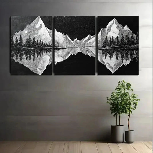 3pcs Snowy Mountains Black & White Abstract Metal Print Ready to Hang Art