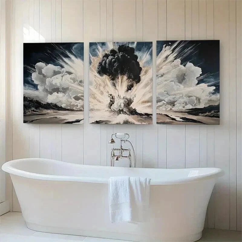 3pcs Dramatic Smoke Blast Black & White Perfect Wall Art Set Canvas Framed 40x60cm - High Quality Print 100% Australian Made Wall Canvas Ready to Hang