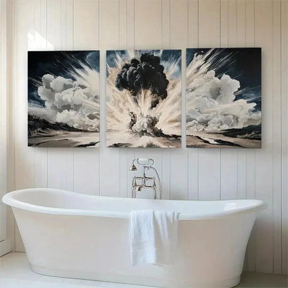 3pcs Dramatic Smoke Blast Black & White Perfect Wall Art Set Canvas Framed 40x60cm - High Quality Print 100% Australian Made Wall Canvas Ready to Hang