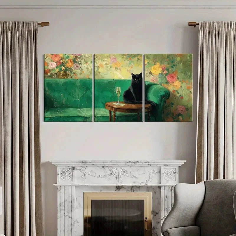 3pcs Elegant Black Cat Green Sofa Floral Metal Print Ready to Hang Art