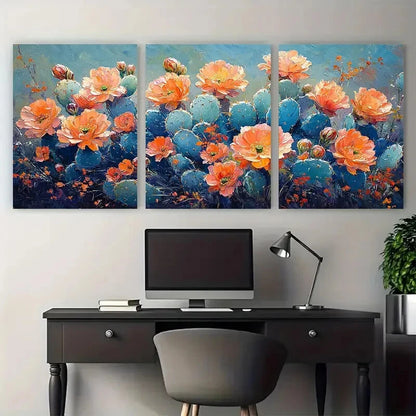 3pcs Cactus Flowers Impasto Illustration Metal Print Ready to Hang Art