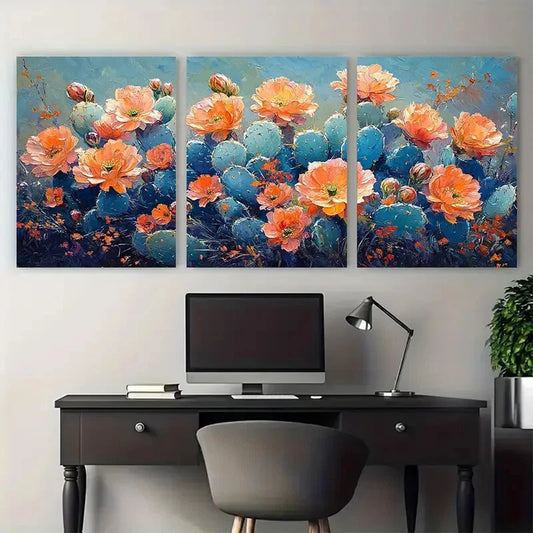 3pcs Cactus Flowers Impasto Illustration Metal Print Ready to Hang Art