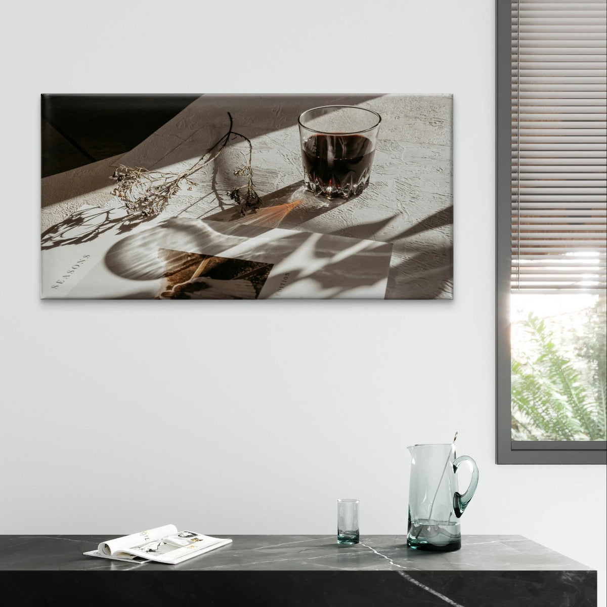 Modern Neutral Still Life Wine Glass Wall Art Canvas Office Home Framed 120x60cm
