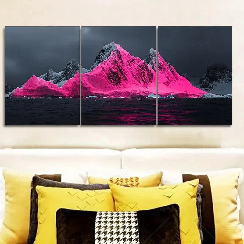 3pcs Vibrant Pink Mountain in a Dark Landscape Wall Art Set Canvas Framed 50x70cm - High Quality Print 100% Australian Made Wall Canvas Ready to Hang