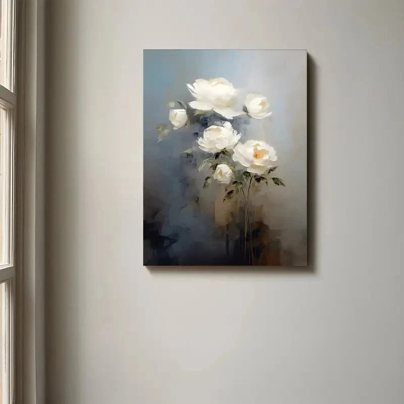 Painting of white flowers on a gray wall