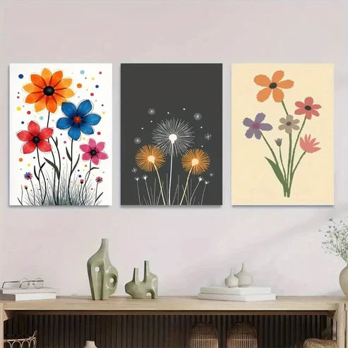3pcs Modern Minimalist Floral Colorful Flowers Wall Art Set Canvas Unframed - High Quality Print 100% Australian Made Wall Canvas