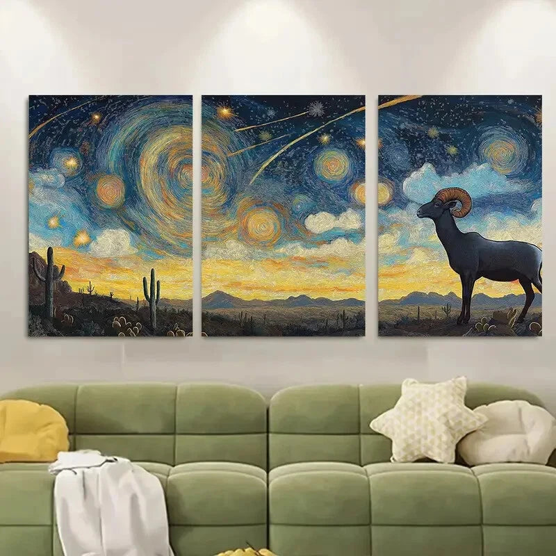 3pcs Desert Bighorn Sheep Under Starry Night Sky Metal Print Ready to Hang Art