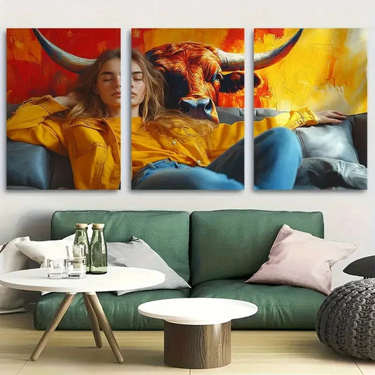 3pcs Vibrant Abstract Bull & Girl Design Metal Print Ready to Hang Art