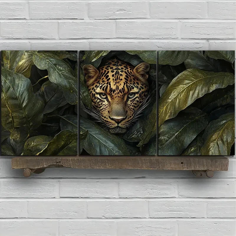 3pcs Painting Set Leopard in Lush Leaves Metal Print Ready to Hang Art