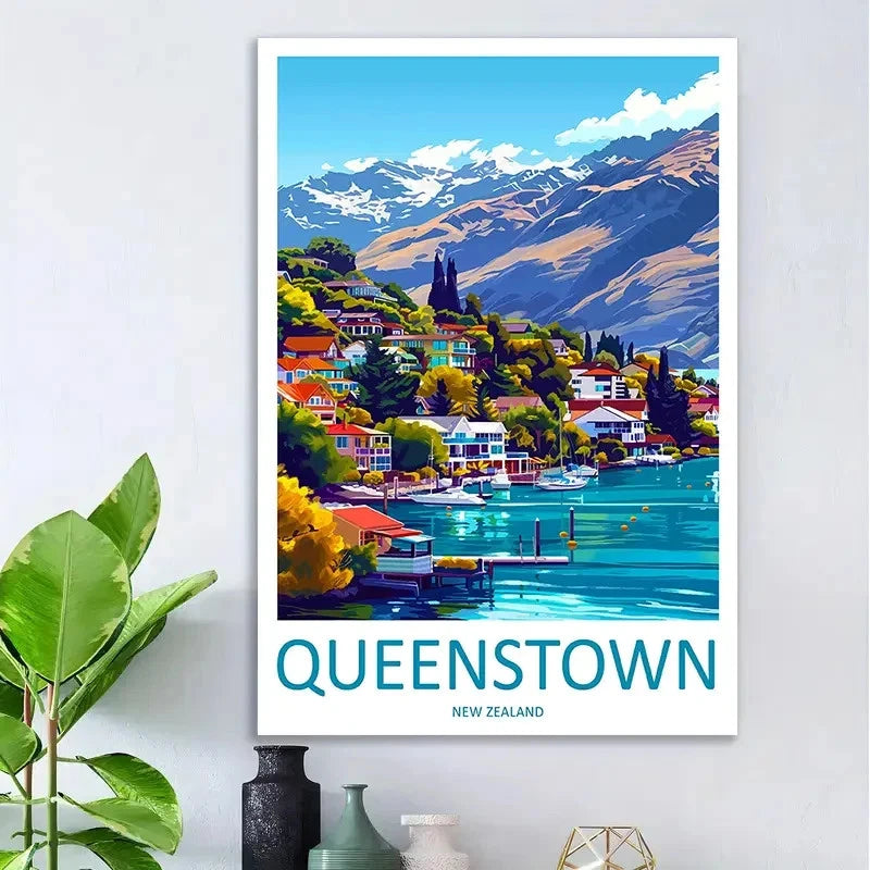 Queenstown New Zealand Vintage Snow-Capped Travel Poster Print Wall Art