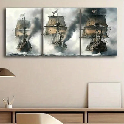 3pcs Pirate Ships in Battle Sailboat Paintings Metal Print Ready to Hang Art