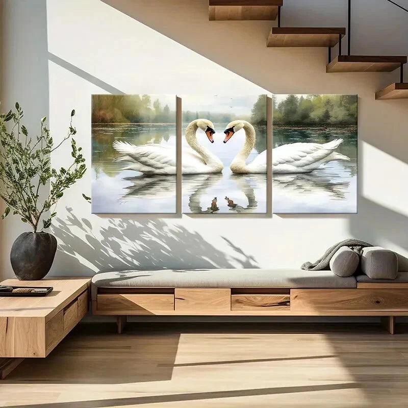3pcs Elegant Swans Heart Shape Reflection Lake Metal Print Ready to Hang Art