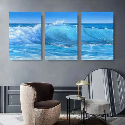3pcs Blue Seascape Beach Paintings Metal Print Ready to Hang Art