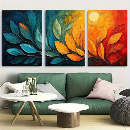 3pcs Abstract Retro Style Elegant Green and Orange Metal Print Ready to Hang Art