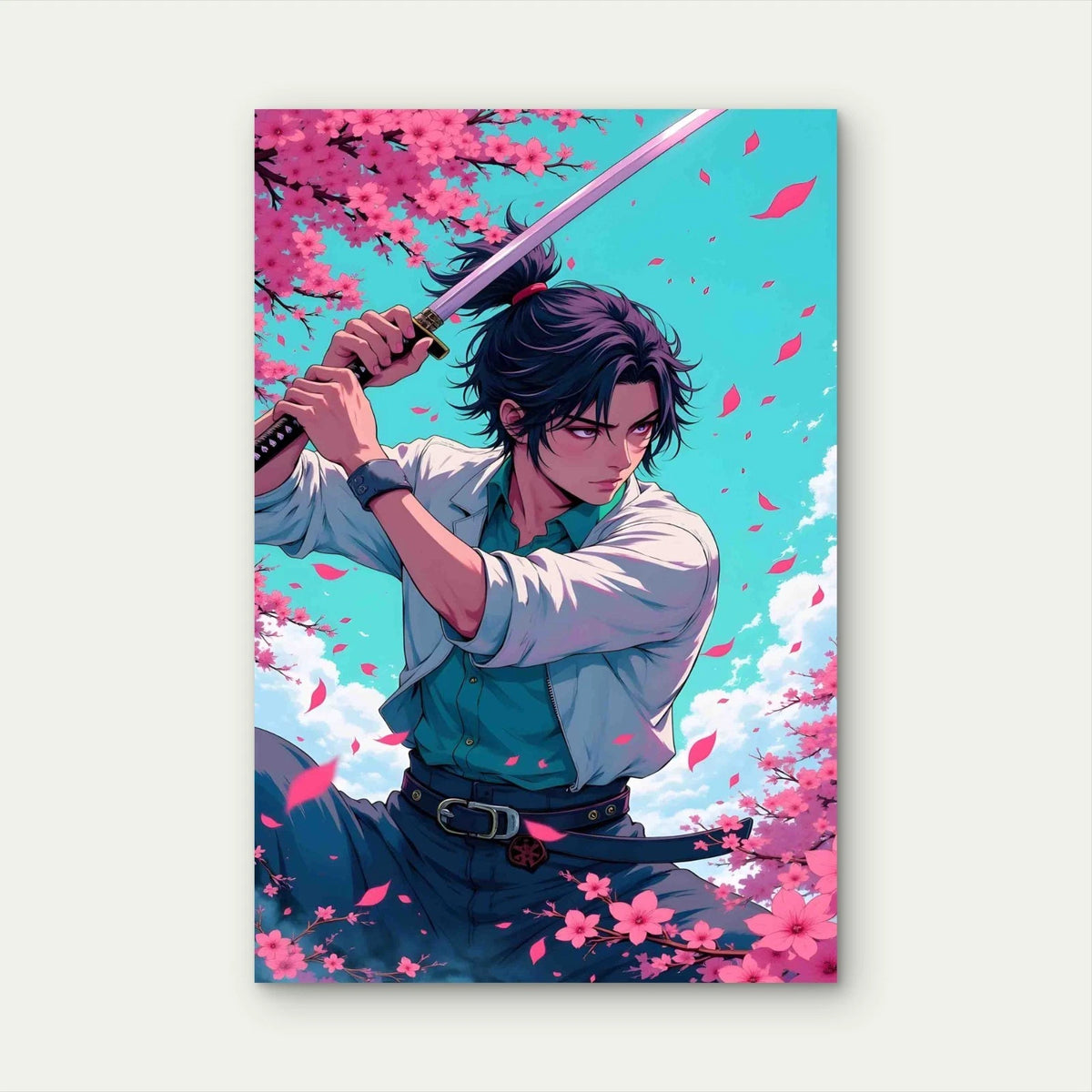 Samurai With Katana Cherry Blossom Landscape 40x60cm Metal Print Ready to Hang