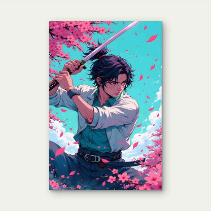 Samurai With Katana Cherry Blossom Landscape 40x60cm Metal Print Ready to Hang