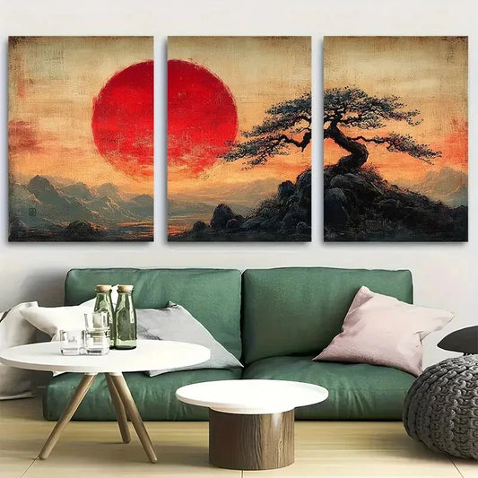 3pcs Red Sun Japanese Sunset Over Bosai Tree Metal Print Ready to Hang Art