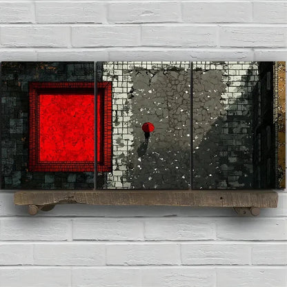 3pcs People Holding Red Umbrellas on Rainy Metal Print Ready to Hang Art