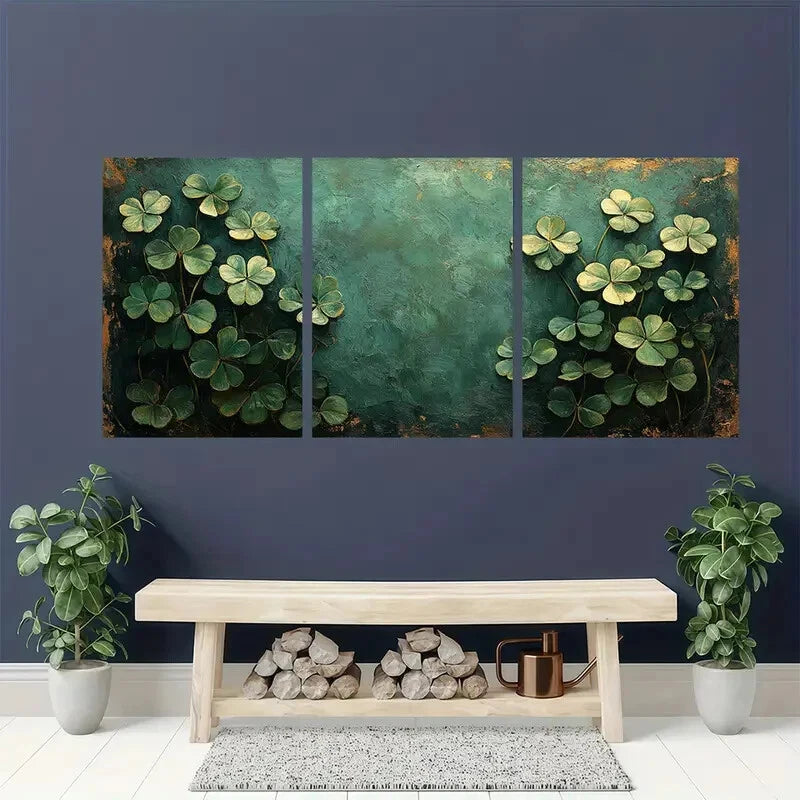 3pcs Vibrant Green Shamrock Design Oil Painting Metal Print Ready to Hang Art