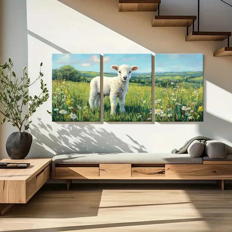 3pcs Landscape Lamb Pastoral Spring Meadow Metal Print Ready to Hang Art