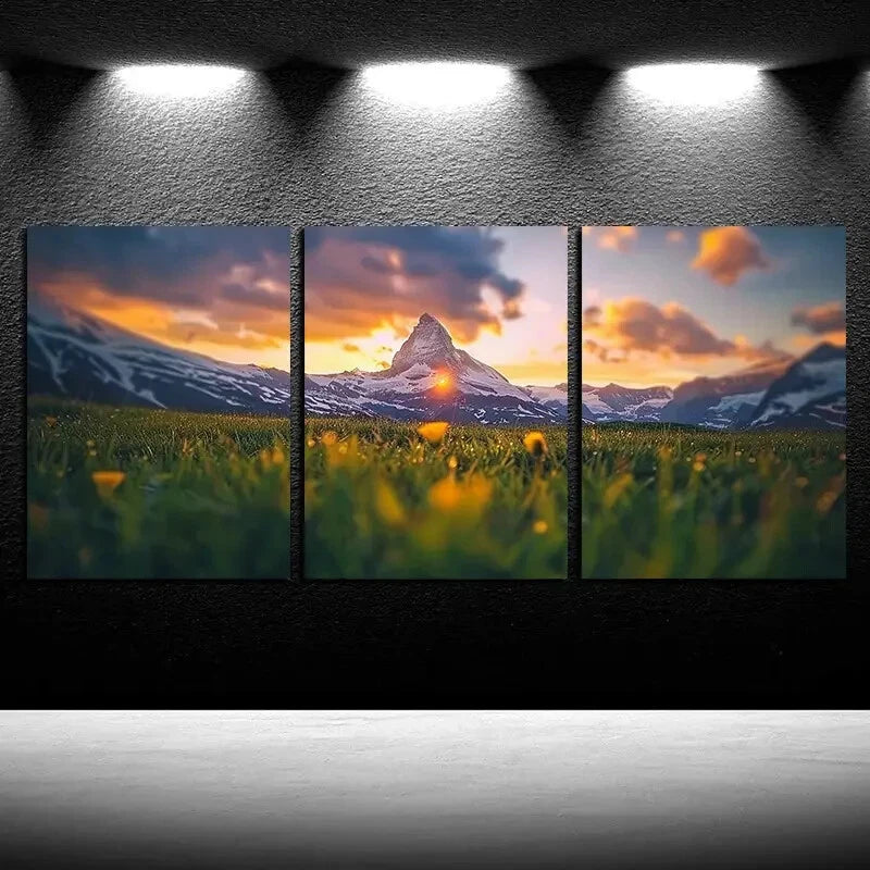 3pcs Snowy Mountain Peak with Cloudy View Metal Print Ready to Hang Art