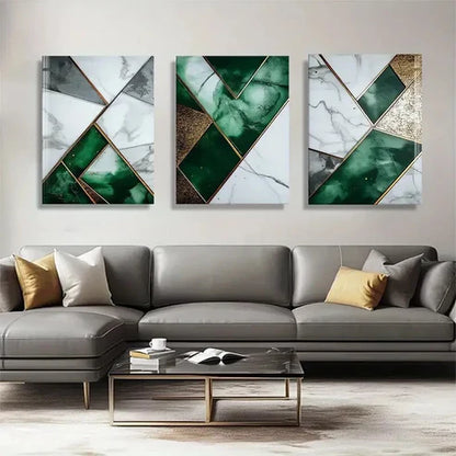 3pcs Green Marble and White Geometric Perfect Wall Art Canvas Unframed - High Quality Print 100% Australian Made Wall Canvas