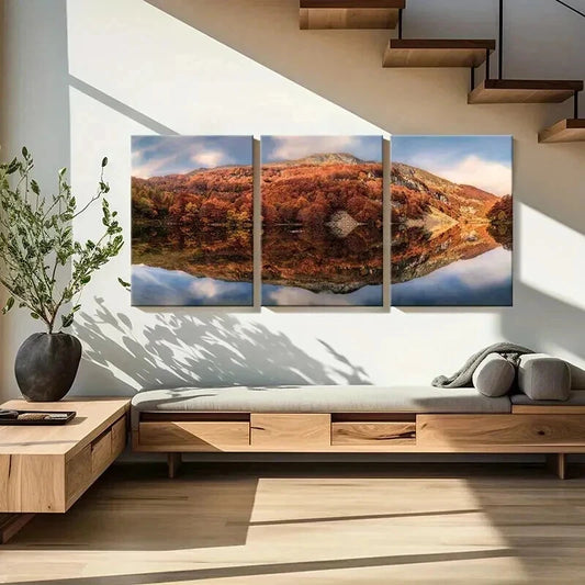 3pcs Autumn Forest Mountains & Reflections Wall Art Set Canvas Framed 40x60cm - High Quality Print 100% Australian Made Wall Canvas Ready to Hang
