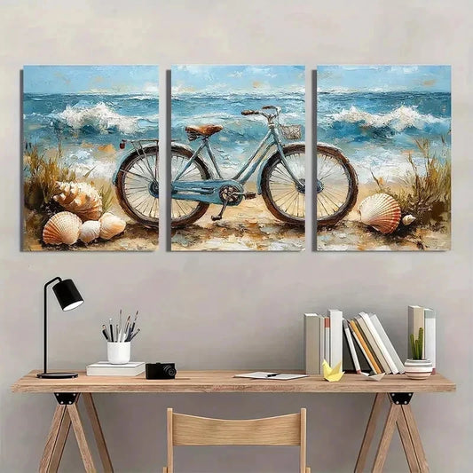 3pcs Ocean Coastal Scene with Seashells Bicycle Metal Print Ready to Hang Art