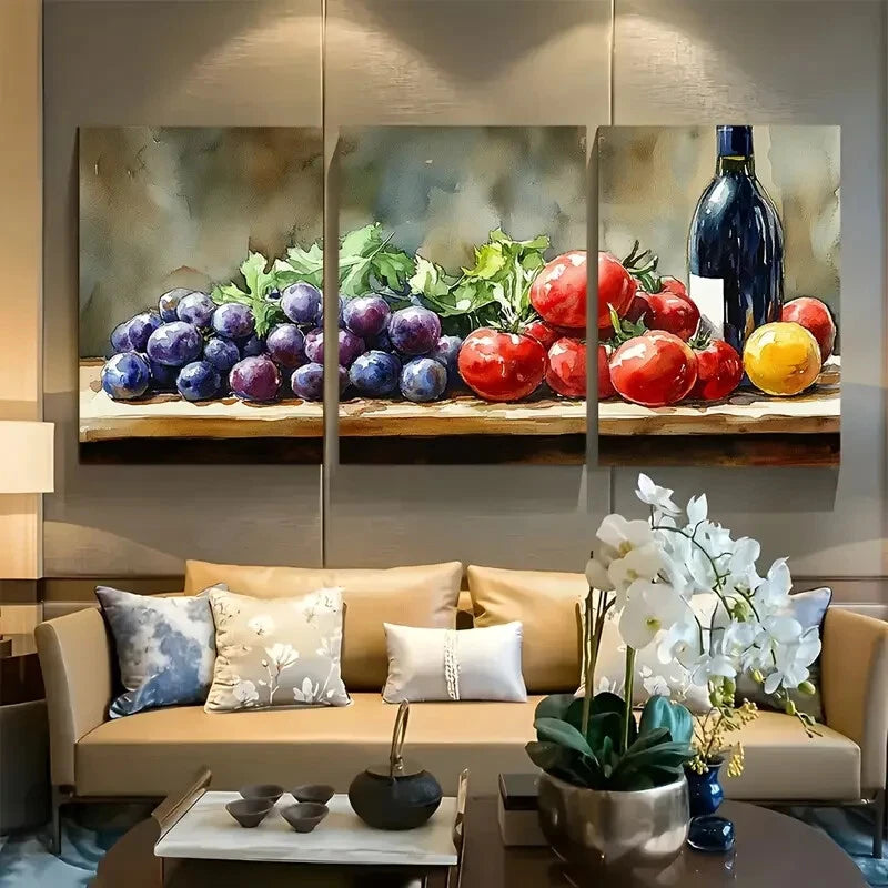 3pcs Fruits and Vegetables with Wine Design Metal Print Ready to Hang Art