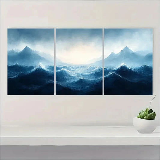 3pcs Seascape Painting Art Expressive Brushstrokes Metal Print Ready to Hang Art