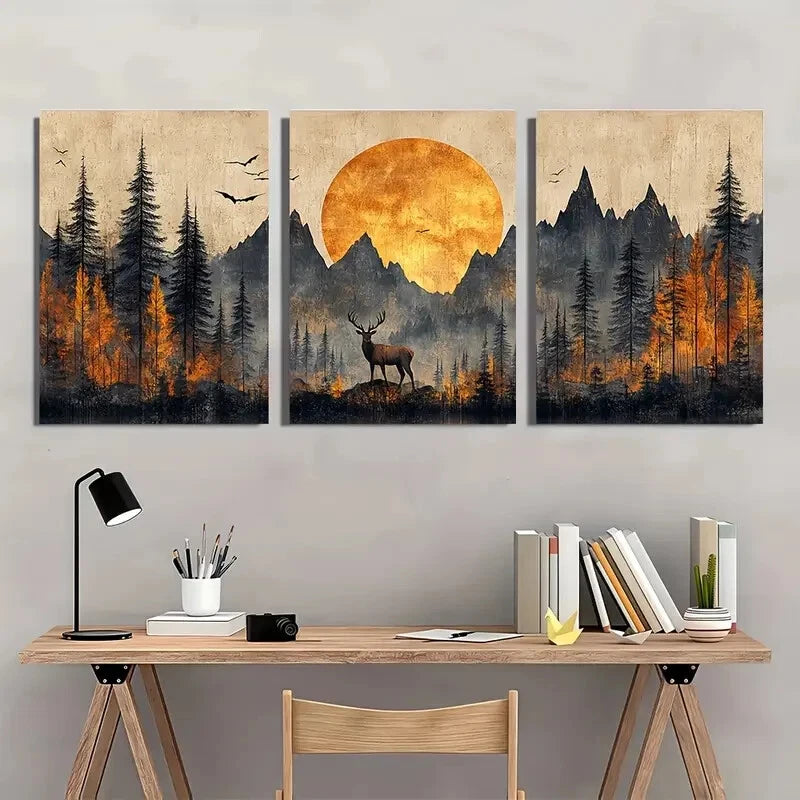 3pcs Rustic Nature Scene Deer Birds & Mountains Metal Print Ready to Hang Art